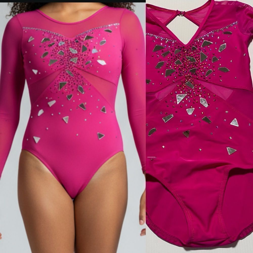 Competition Custom contemporary solo dance costume pink illusion long sleeve XSA